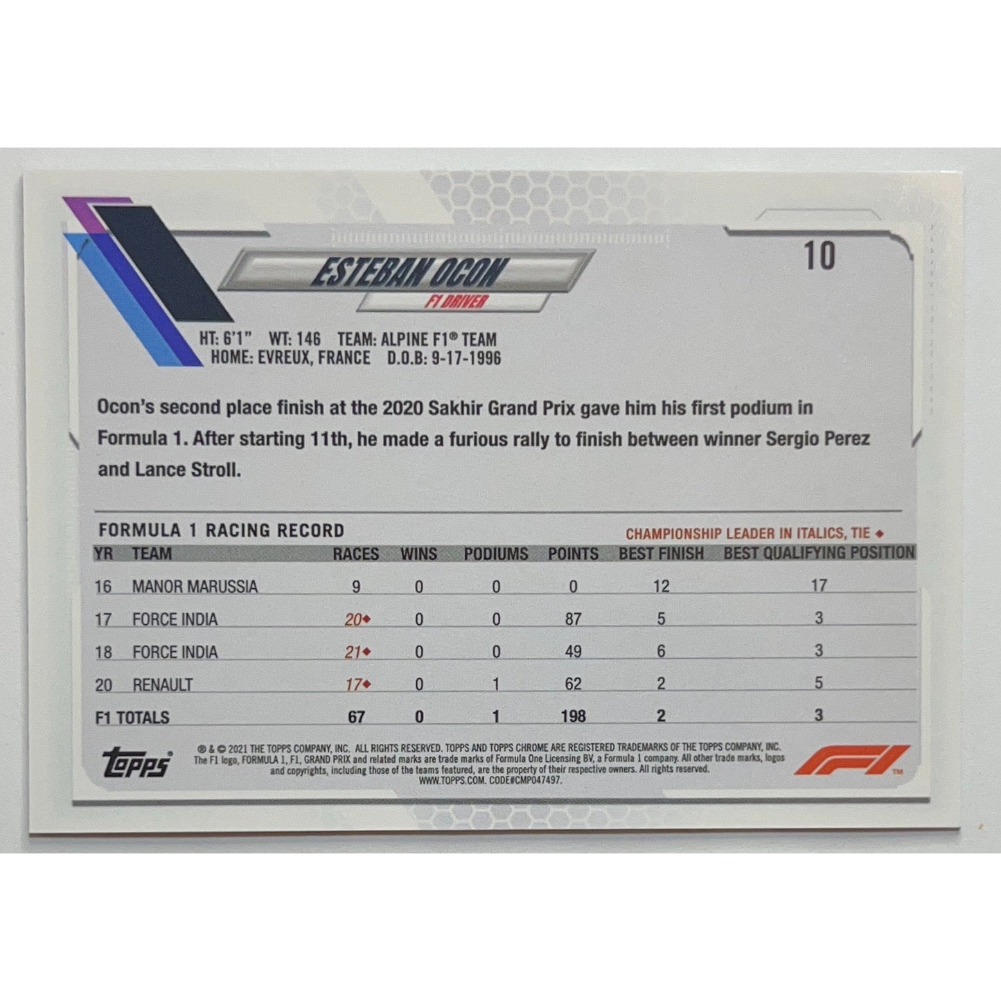 2021 Topps Chrome Formula 1 Esteban Ocon Checker Flag Refractor #10 | Local Legends Cards & Collectibles
