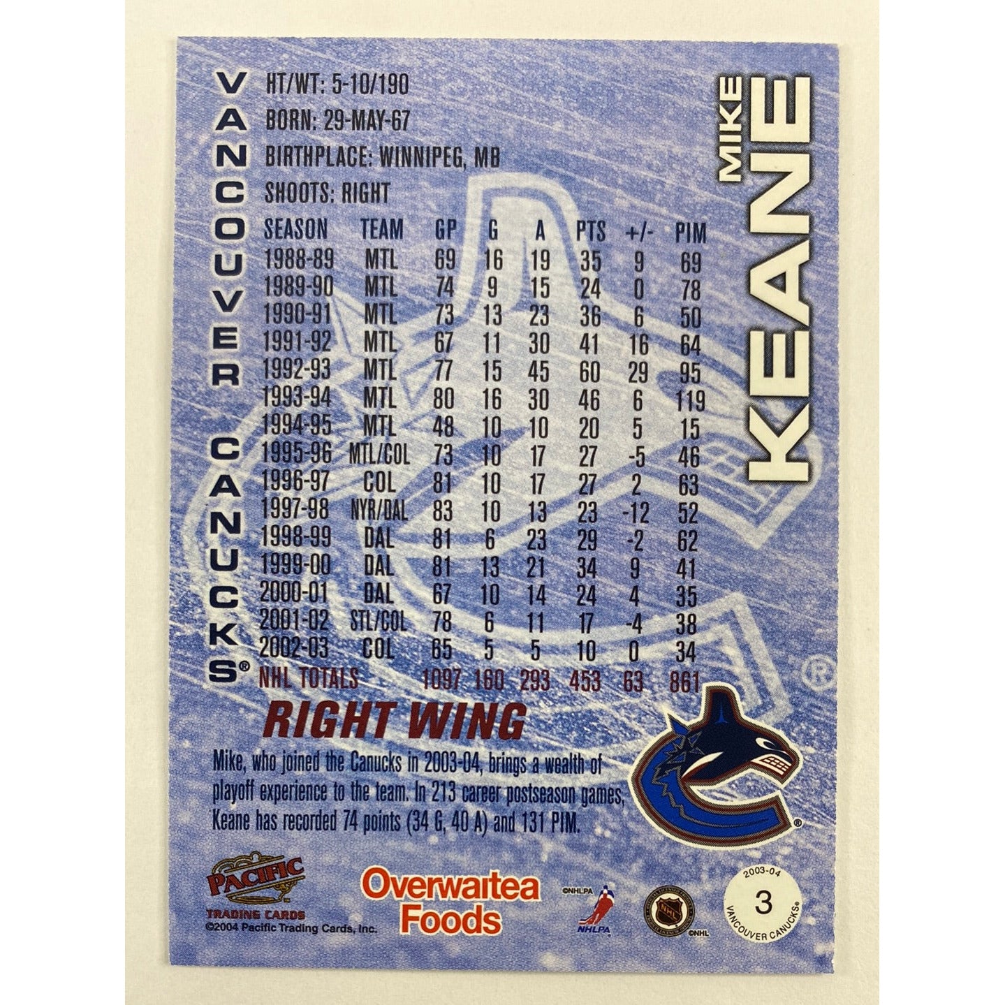 2004 Pacific Vancouver Canucks Mike Keane | Local Legends Cards & Collectibles