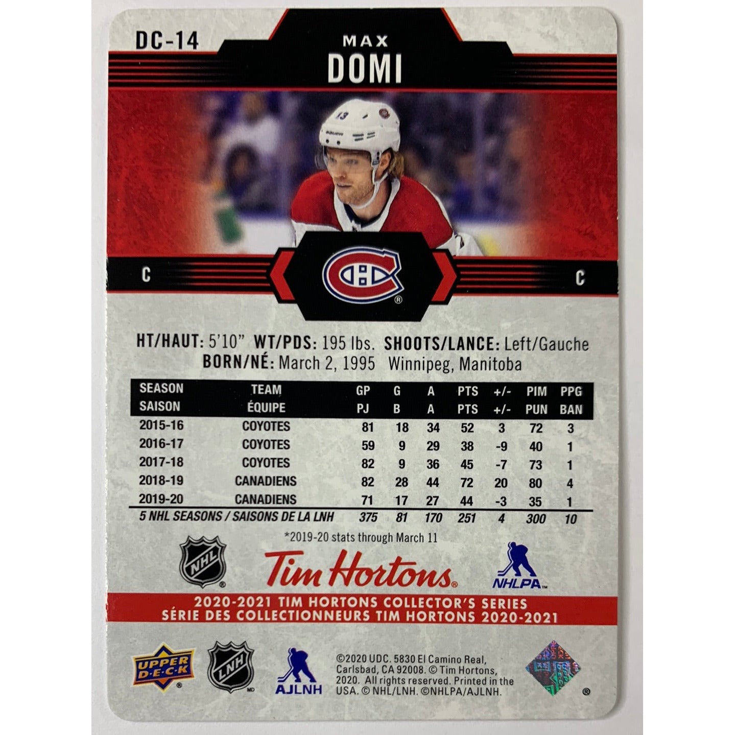 2020-21 Tim Hortons Max Domi Red Die Cut | Local Legends Cards & Collectibles