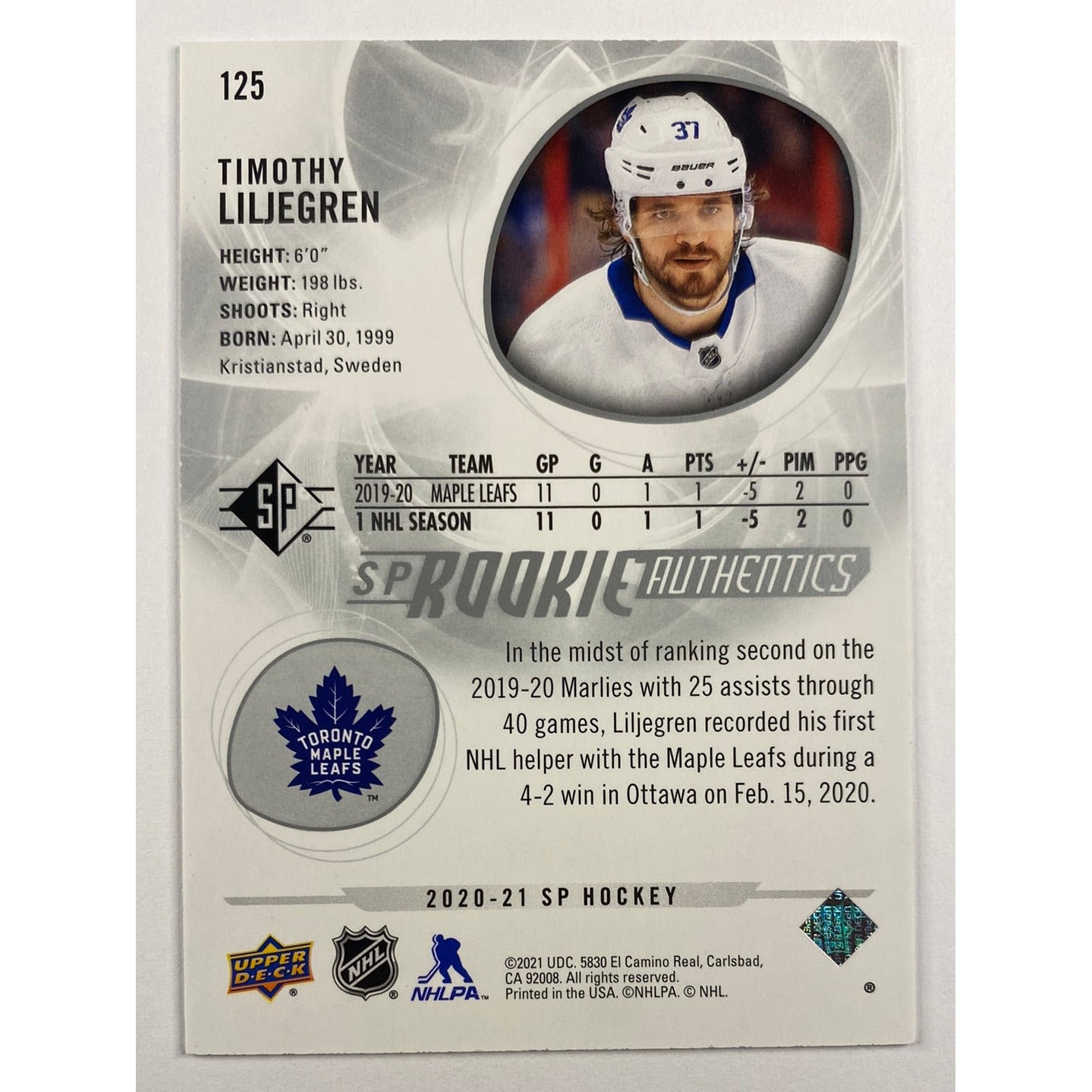 2020-21 SP Authentics Timothy Liljegren Rookie Authentics /2299