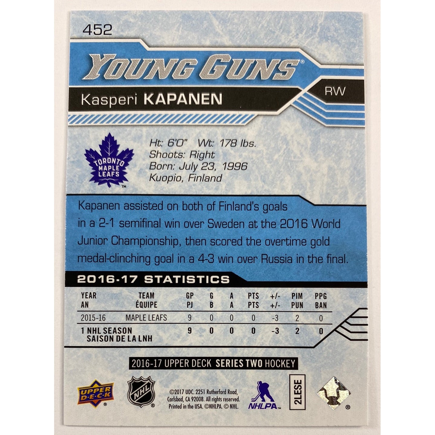 2016-17 Upper Deck Series 2 Kasperi Kapanen Young Guns