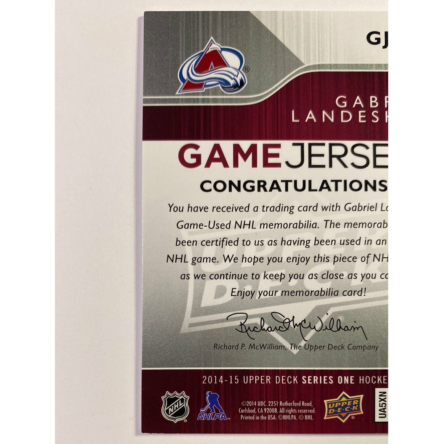 2014-15 Upper Deck Series 1 Gabriel Landeskog UD Game Jersey