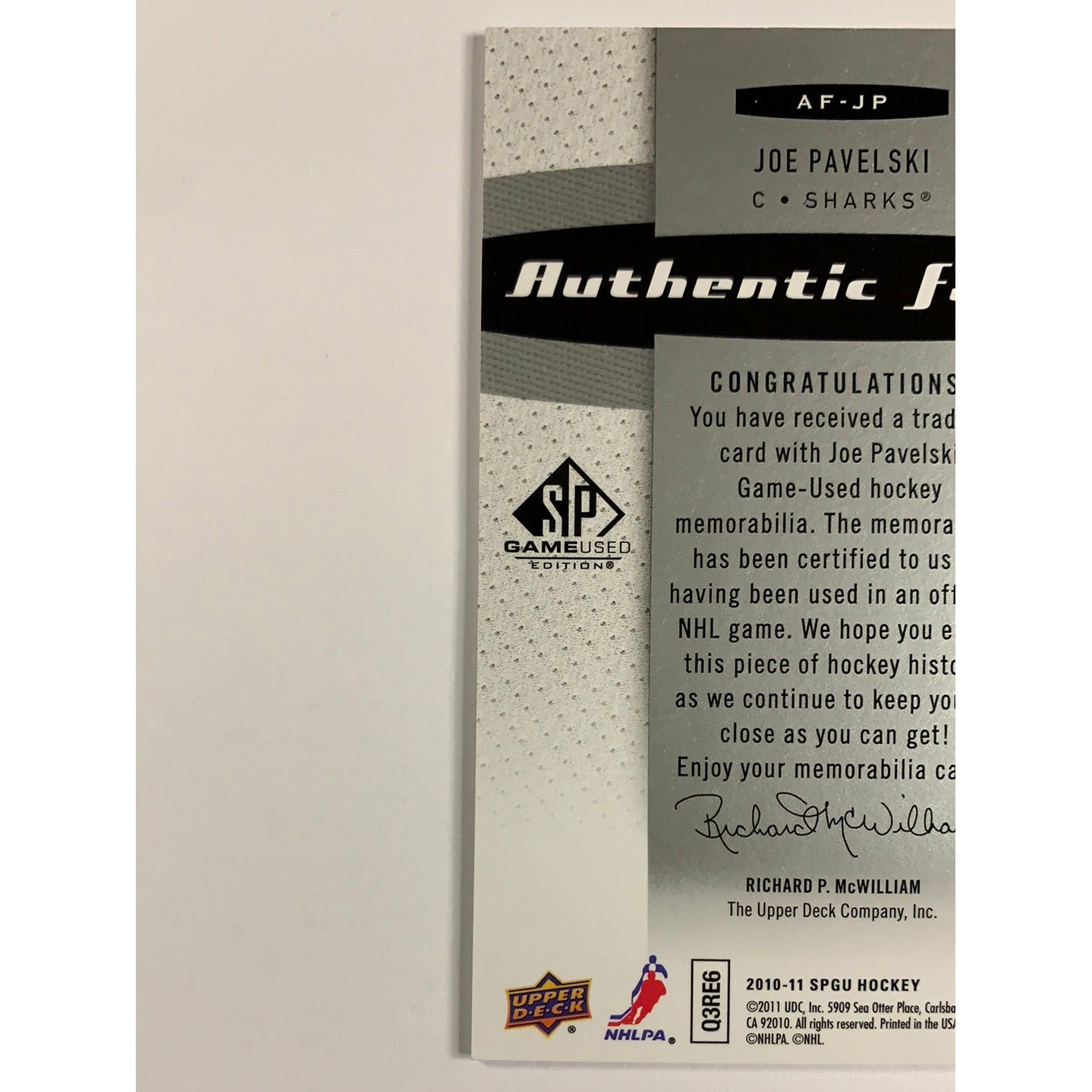 2010-11 SP Game Used Joe Pavelski Authentic Fabrics Patch | Local Legends Cards & Collectibles
