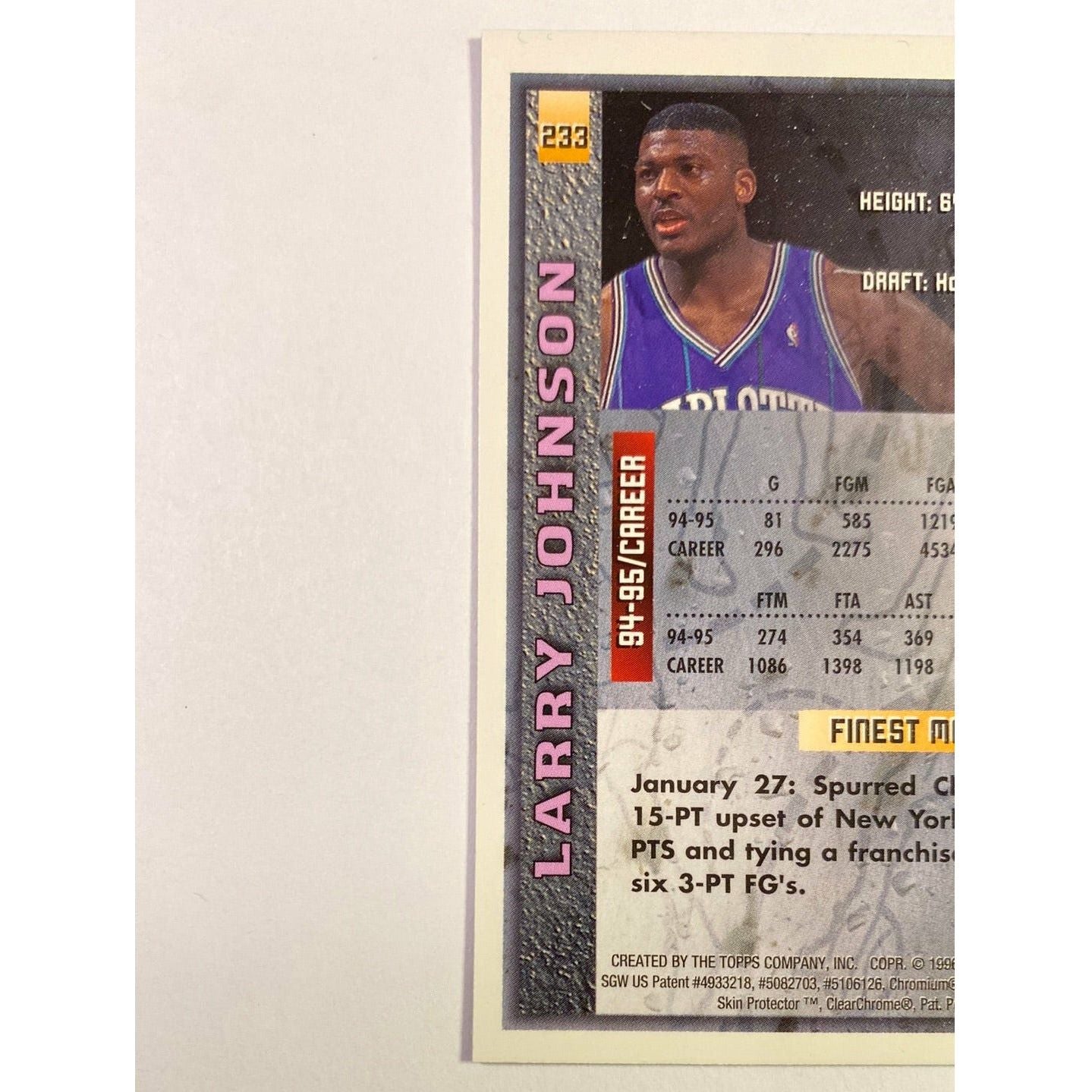 1995-96 Topps Finest Larry Johnson Blue Skin Protecter Unpeeled | Local Legends Cards & Collectibles