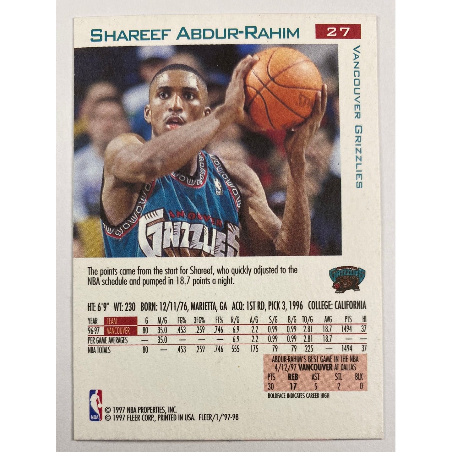 1997-98 Fleer Shareef Abdur-Rahim All Rookie | Local Legends Cards & Collectibles