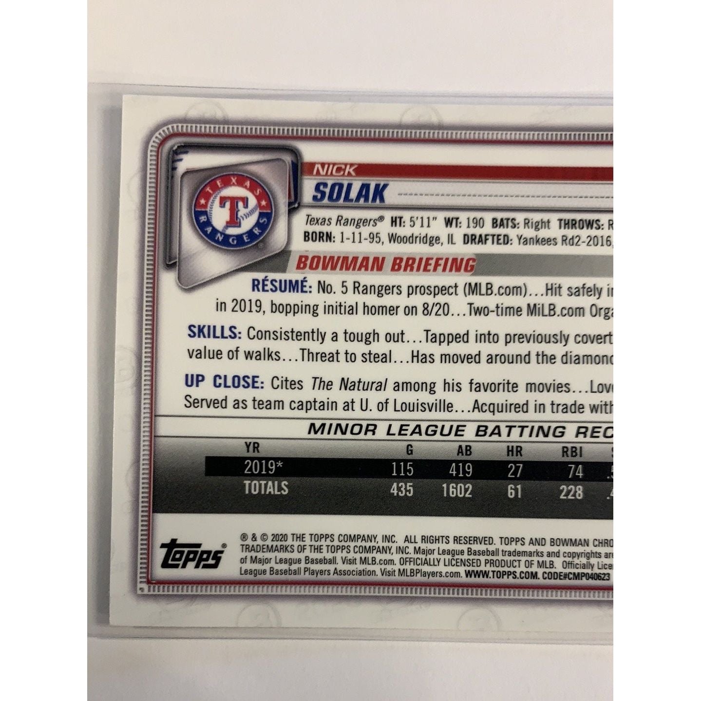 2020 Bowman Chrome Nock Solak RC | Local Legends Cards & Collectibles
