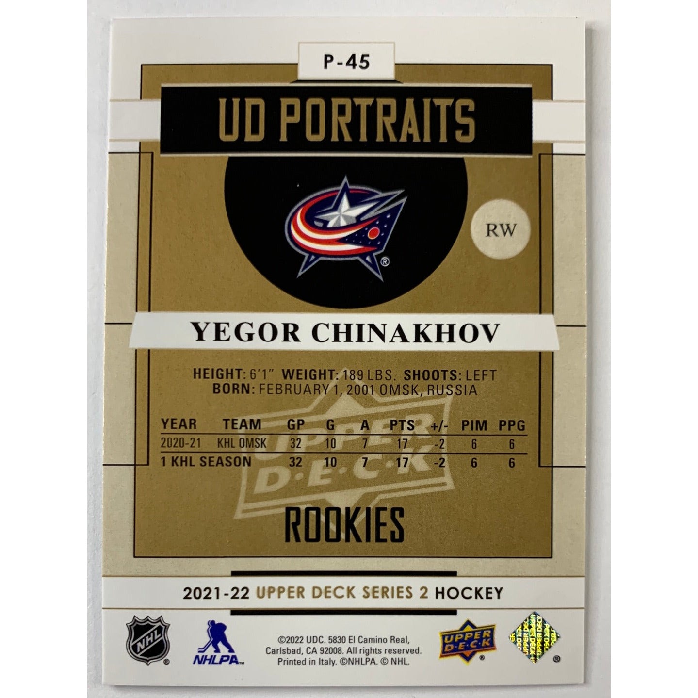 2016-17 Series 2 Yegor Chinakhov UD Portraits RC | Local Legends Cards & Collectibles
