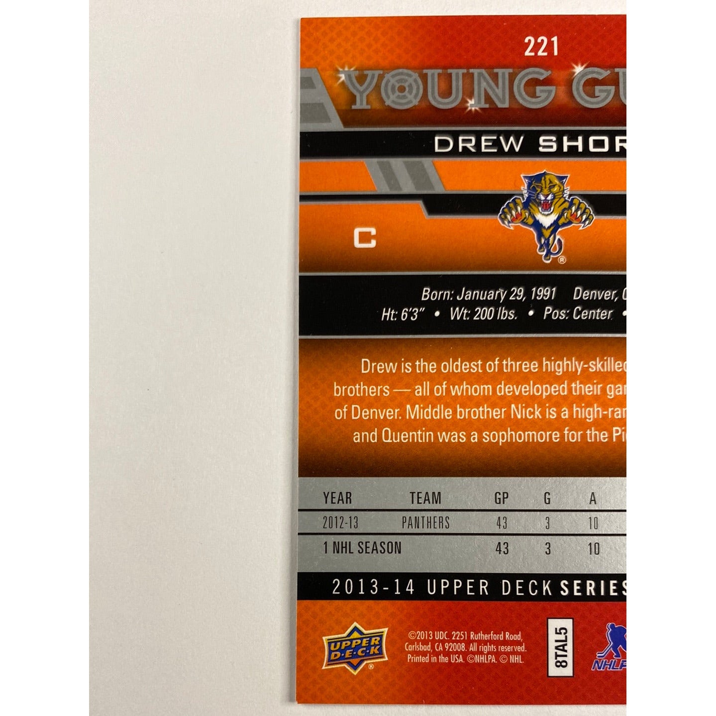 2013-14 Upper Deck Series 1 Drew Shore Young Guns | Local Legends Cards & Collectibles