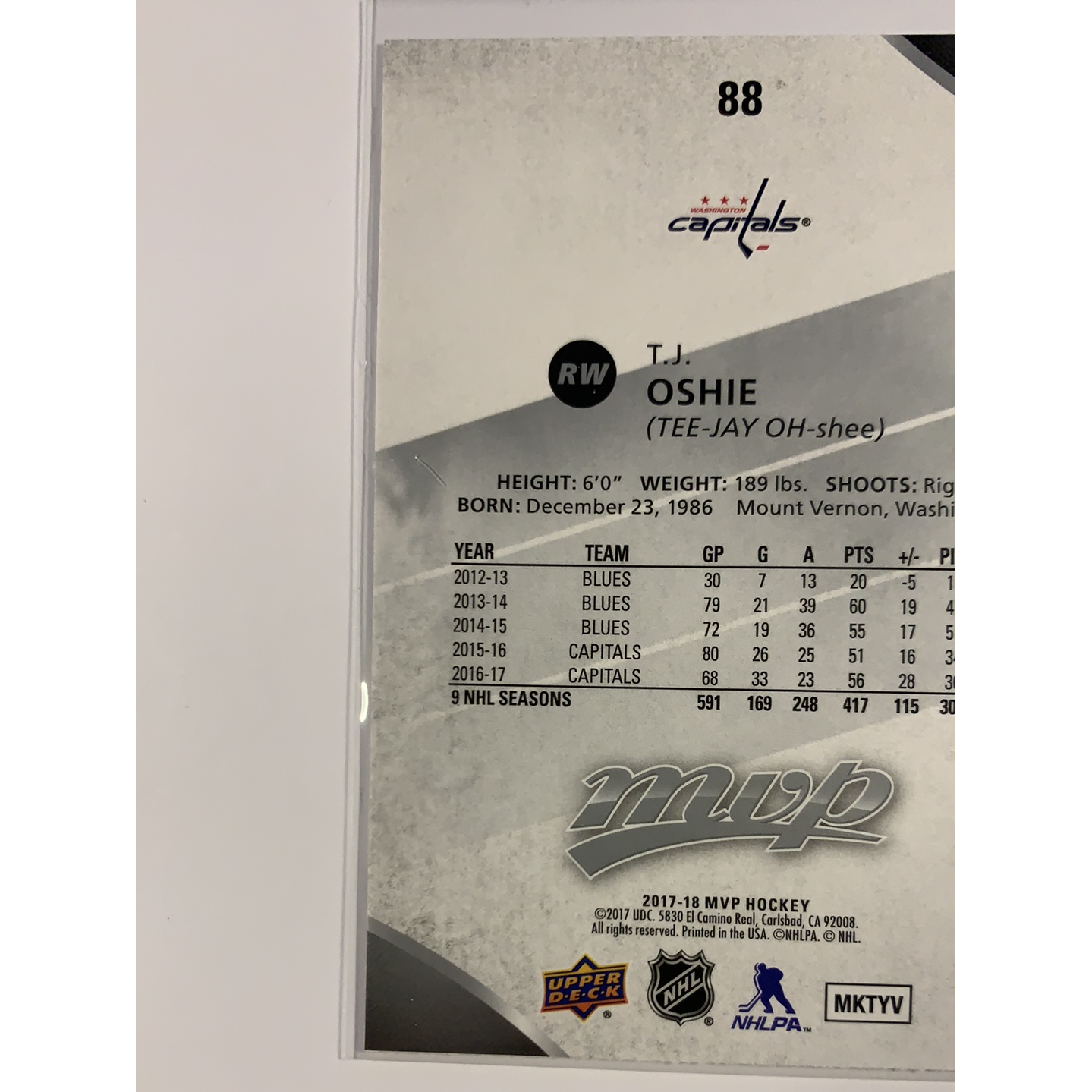 2017-18 MVP T.J. Oshie Silver Script | Local Legends Cards & Collectibles