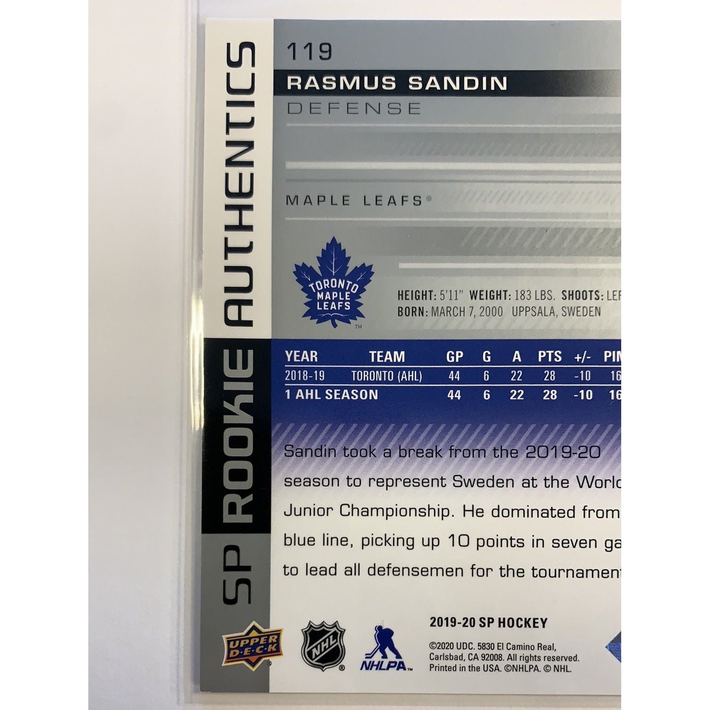 2019-20 SP Rasmus Sandin Rookie Authentics /1199 Local Legends Cards & Collectibles