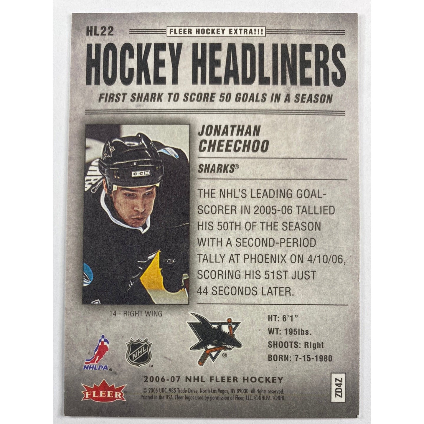 2006-07 Fleer Jonathan Cheechoo 1st Shark to Score 50 Goals | Local Legends Cards & Collectibles