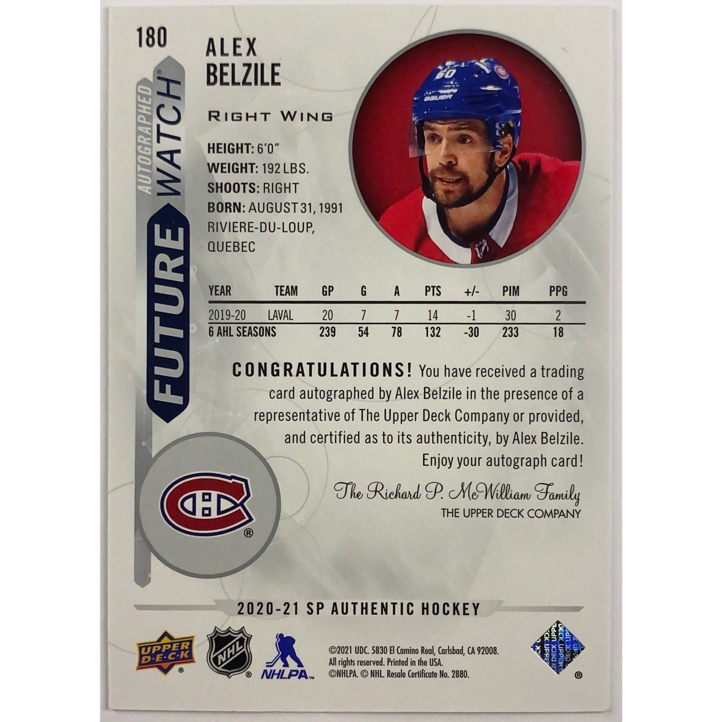 2020-21 SP Authentic Alex Belzile Future Watch Auto /999 | Local Legends Cards & Collectibles