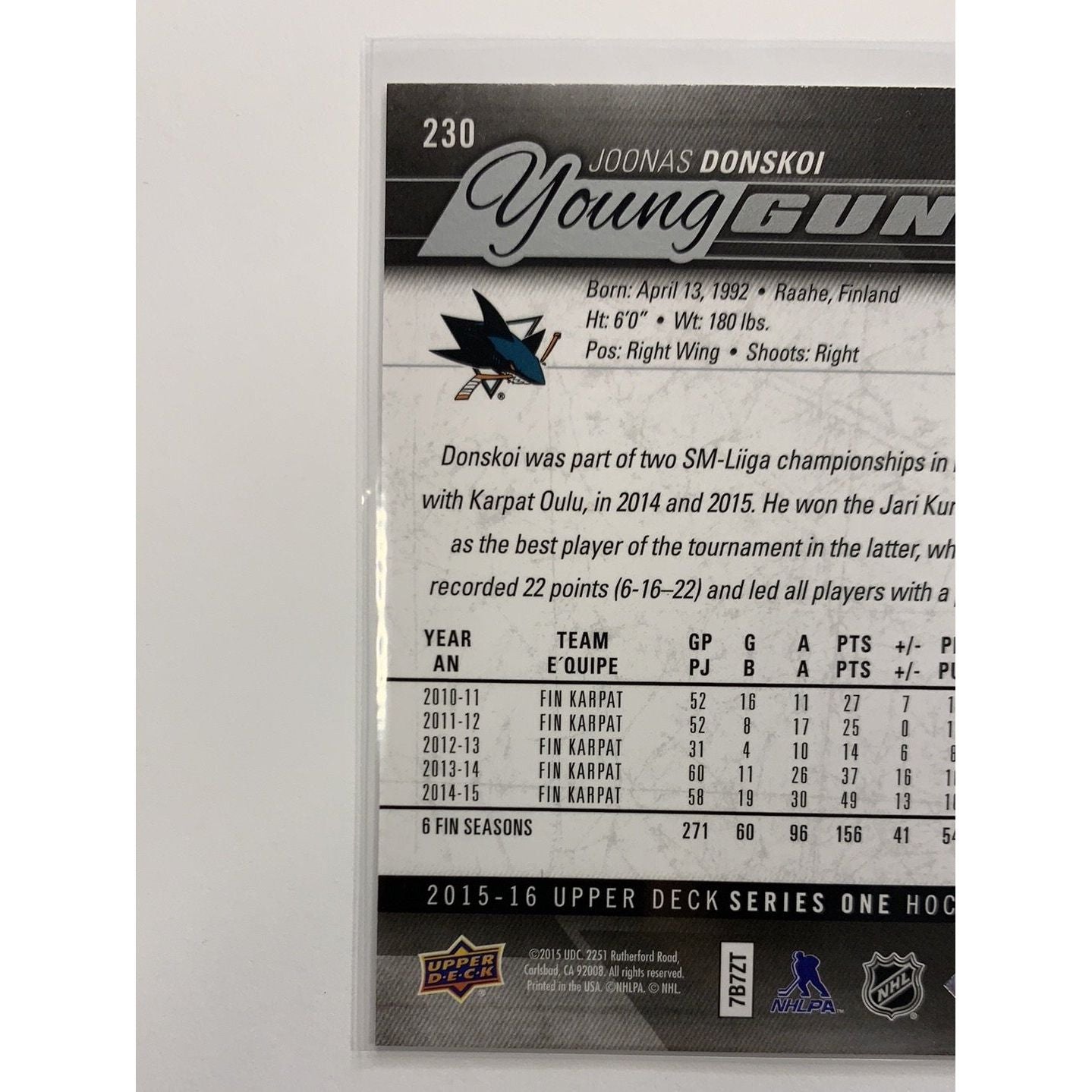 2015-16 Upper Deck Series One Joonas Donskoi Young Guns  Local Legends Cards & Collectibles