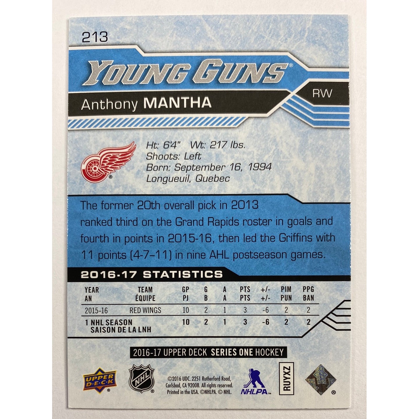 2016-17 Upper Deck Series 1 Anthony Mantha Young Guns | Local Legends Cards & Collectibles
