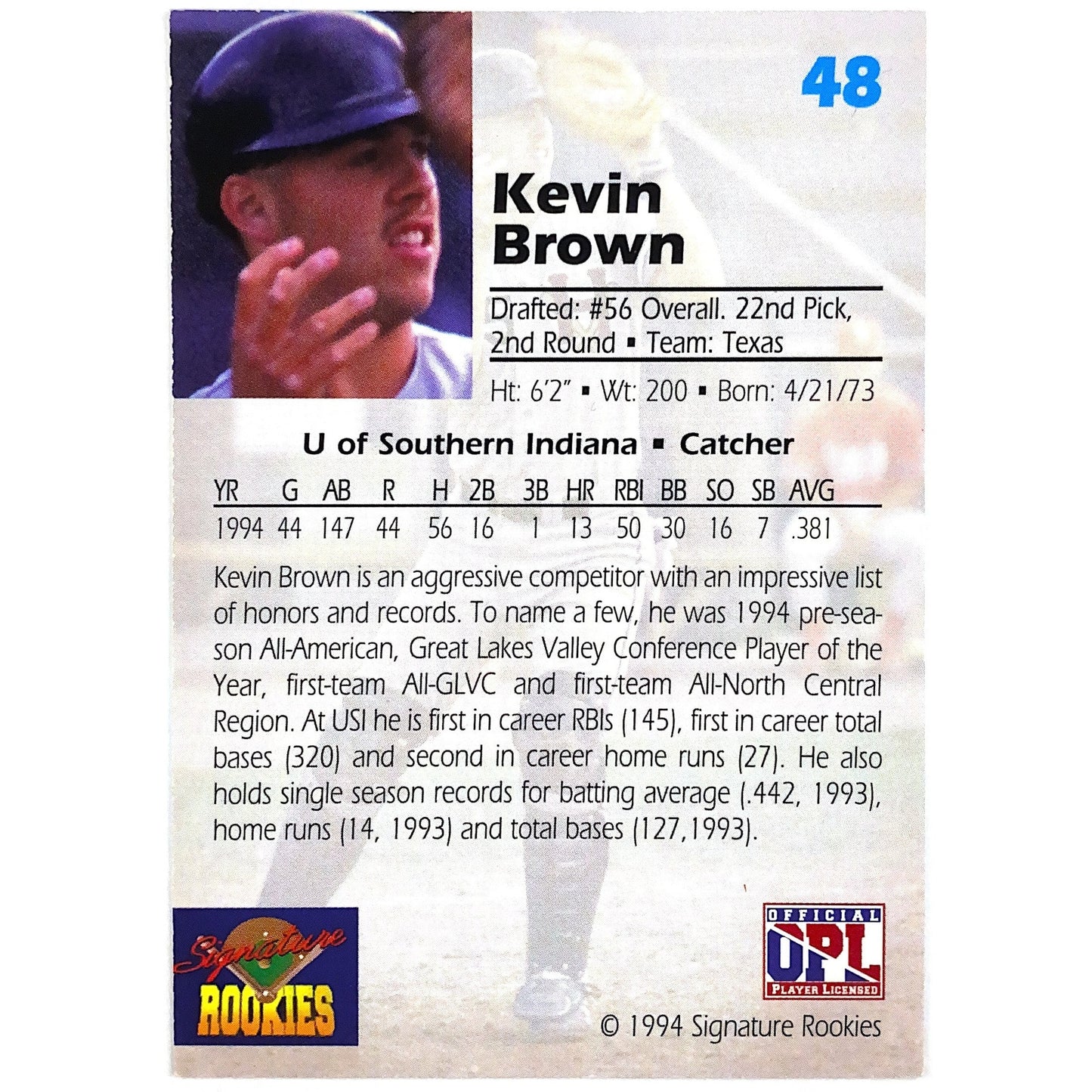 1994 Signature Rookies Kevin Brown Draft Picks Rookie Auto /7750 | Local Legends Cards & Collectibles