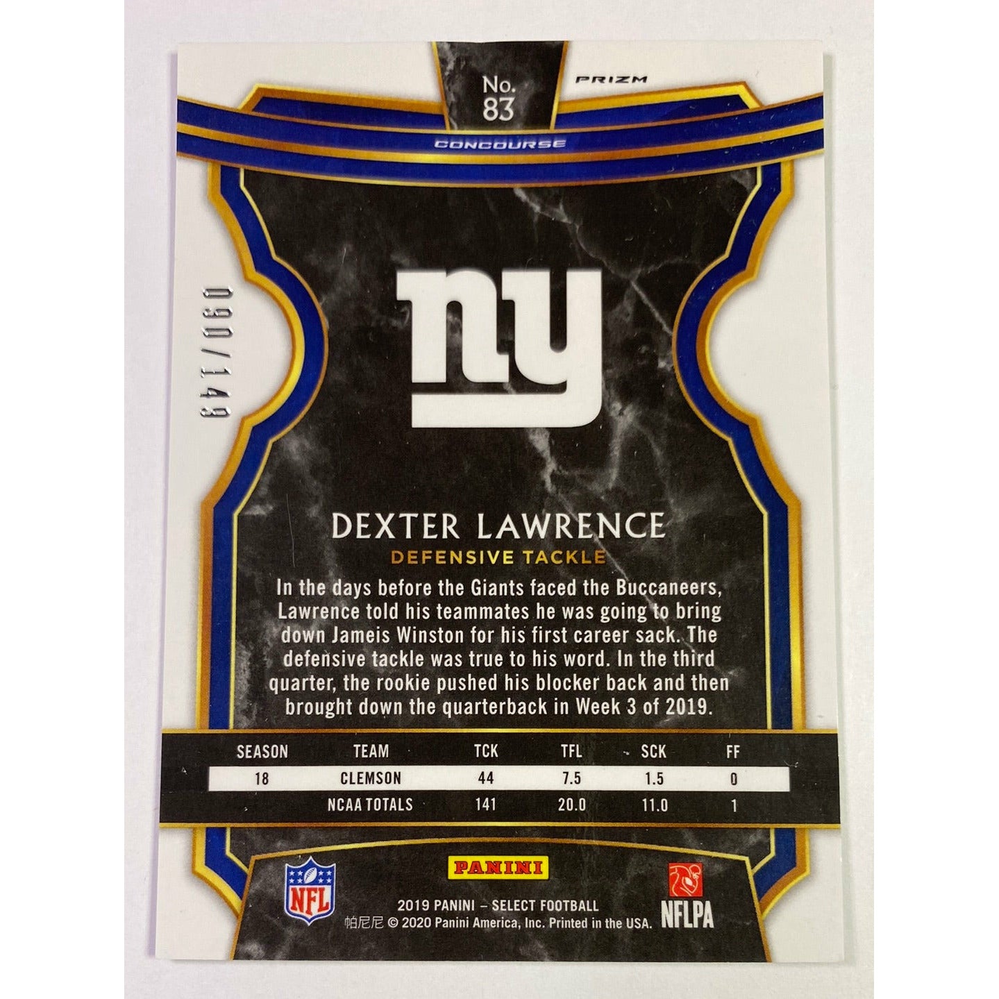 2019 Select Dexter Lawrence Ruby Prizm RC /149