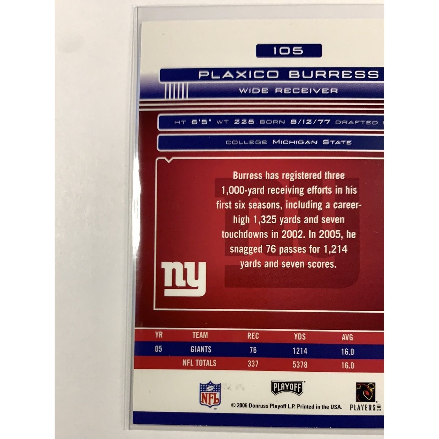 2006 Donruss Playoff Plaxico Burress Base #105 Local Legends Cards & Collectibles