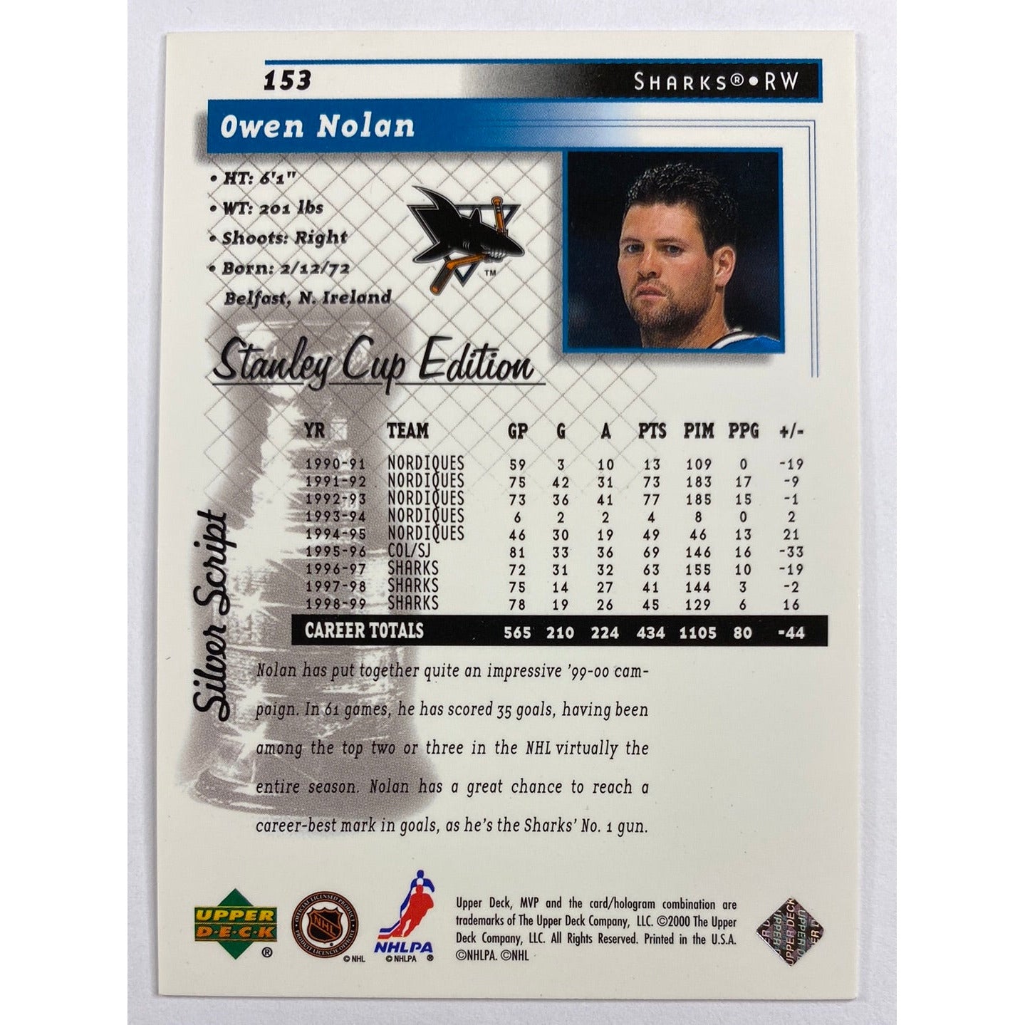 1999-00 MVP Owen Nolan Stanley Cup Edition Silver Script | Local Legends Cards & Collectibles