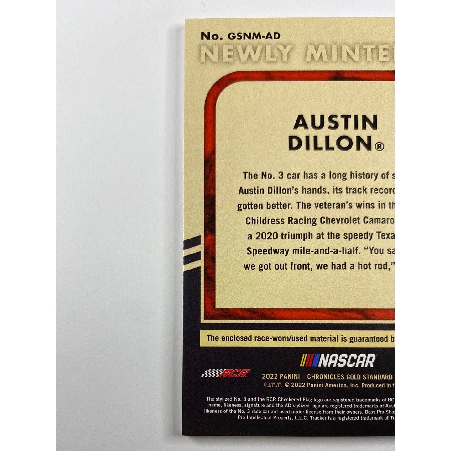 2022 Chronicles Gold Standard Austin Dillon Newly Minted Triple Race Worn/Used Patch