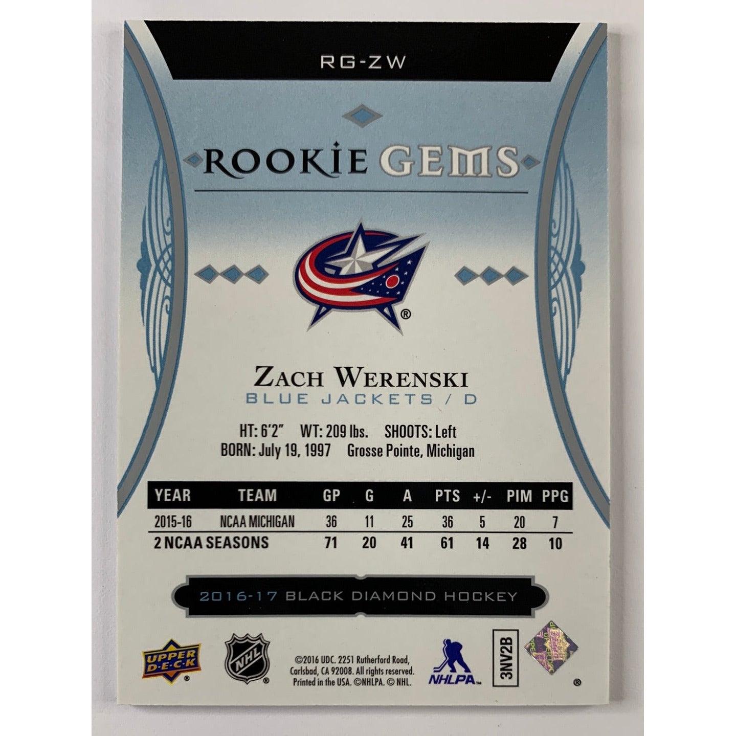 2016-17 Black Diamond Zach Werenski Rookie Gems /399 | Local Legends Cards & Collectibles