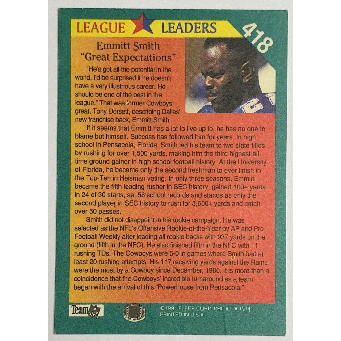 ❗️DAMAGED! 1991 Fleer League Leaders Emmitt Smith #418 | Local Legends Cards & Collectibles