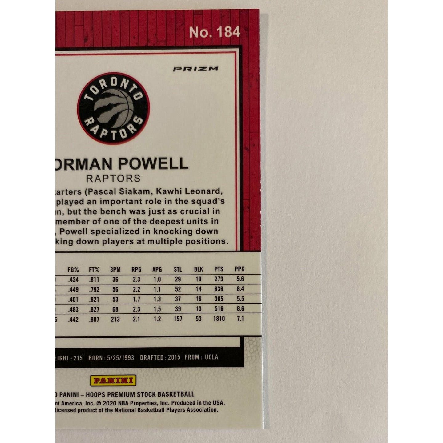2019-20 Hoops Premium Stock Norman Powell Purple Fast Break Prizm