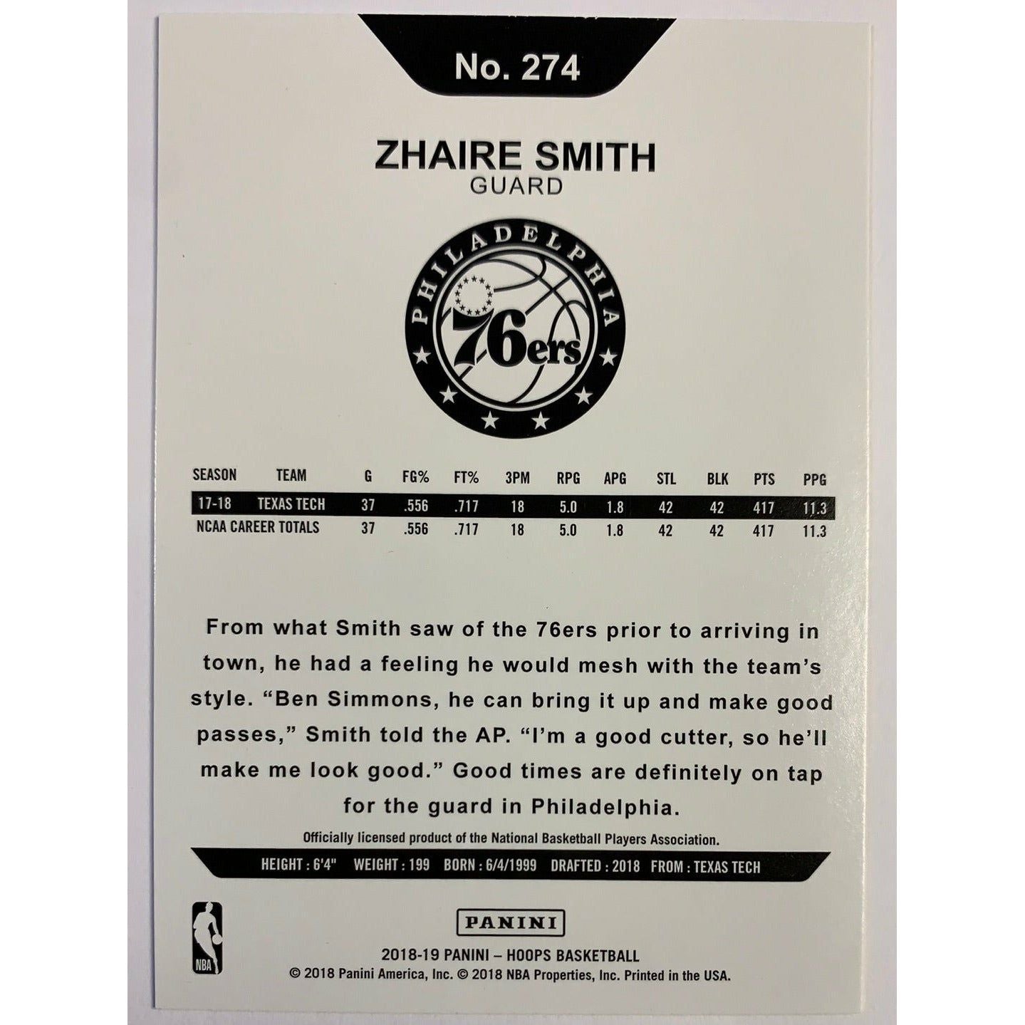 2018-19 Hoops Zhaire Smith RC