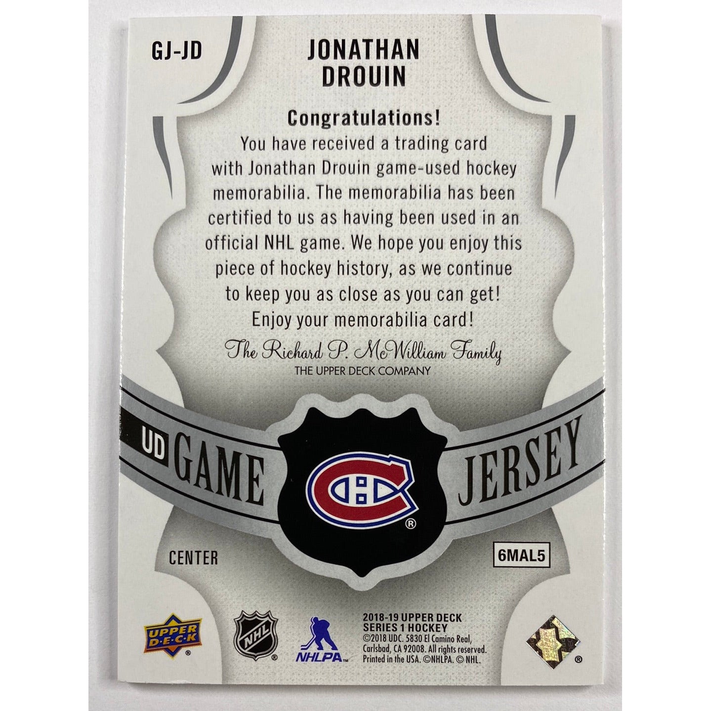 2018-19 Upper Deck Series 2 Jonathan Drouin UD Game Jersey | Local Legends Cards & Collectibles