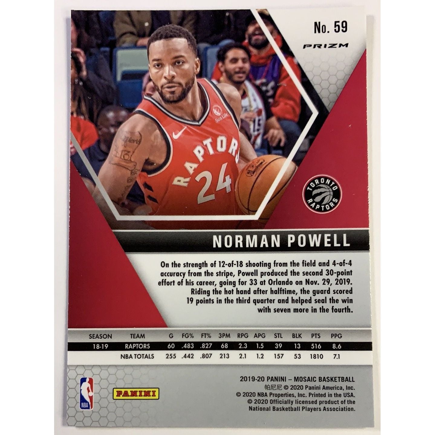 2019-20 Mosaic Norman Powell Orange Reactive Prizm | Local Legends Cards & Collectibles