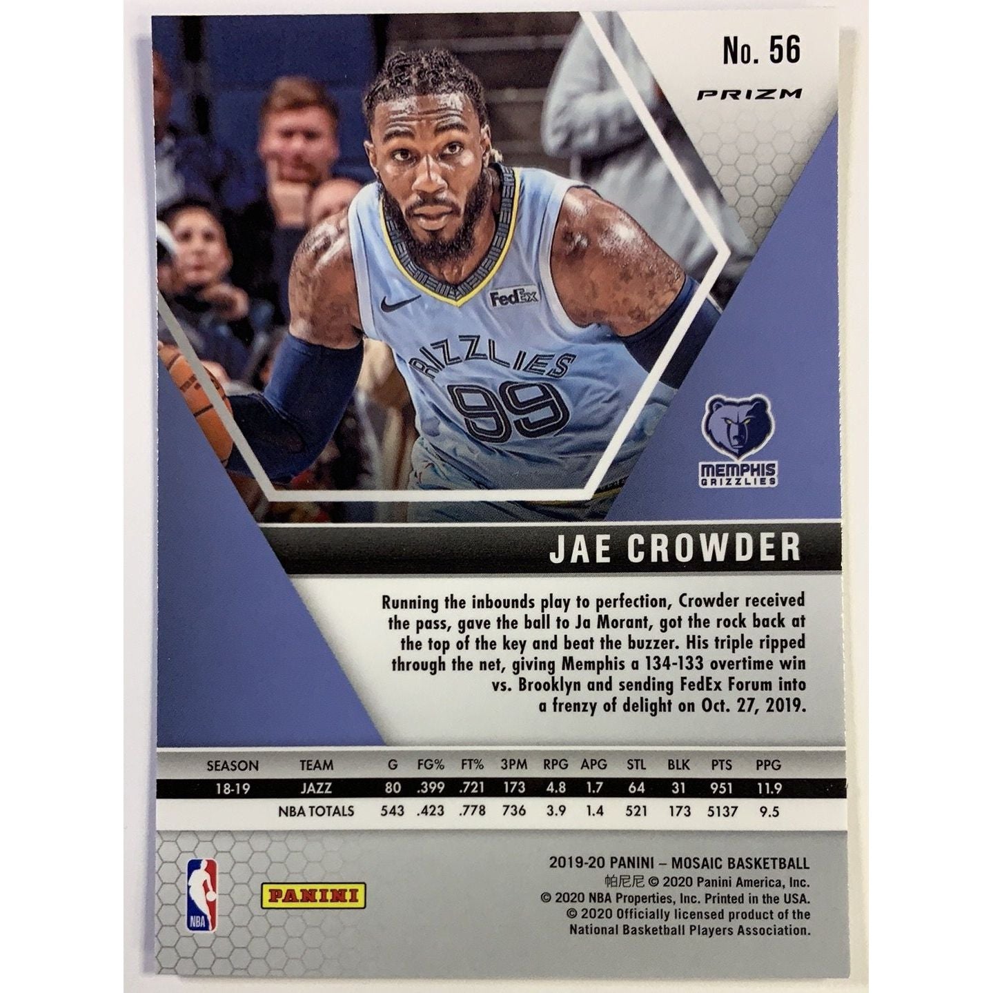 2019-20 Mosaic Jae Crowder Blue Reactive Prizm | Local Legends Cards & Collectibles