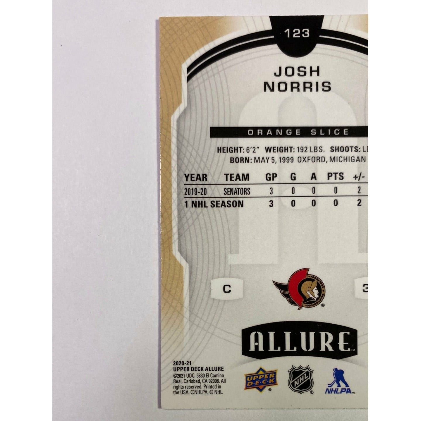2020-21 Allure Josh Norris Orange Slice Rookie Card | Local Legends Cards & Collectibles