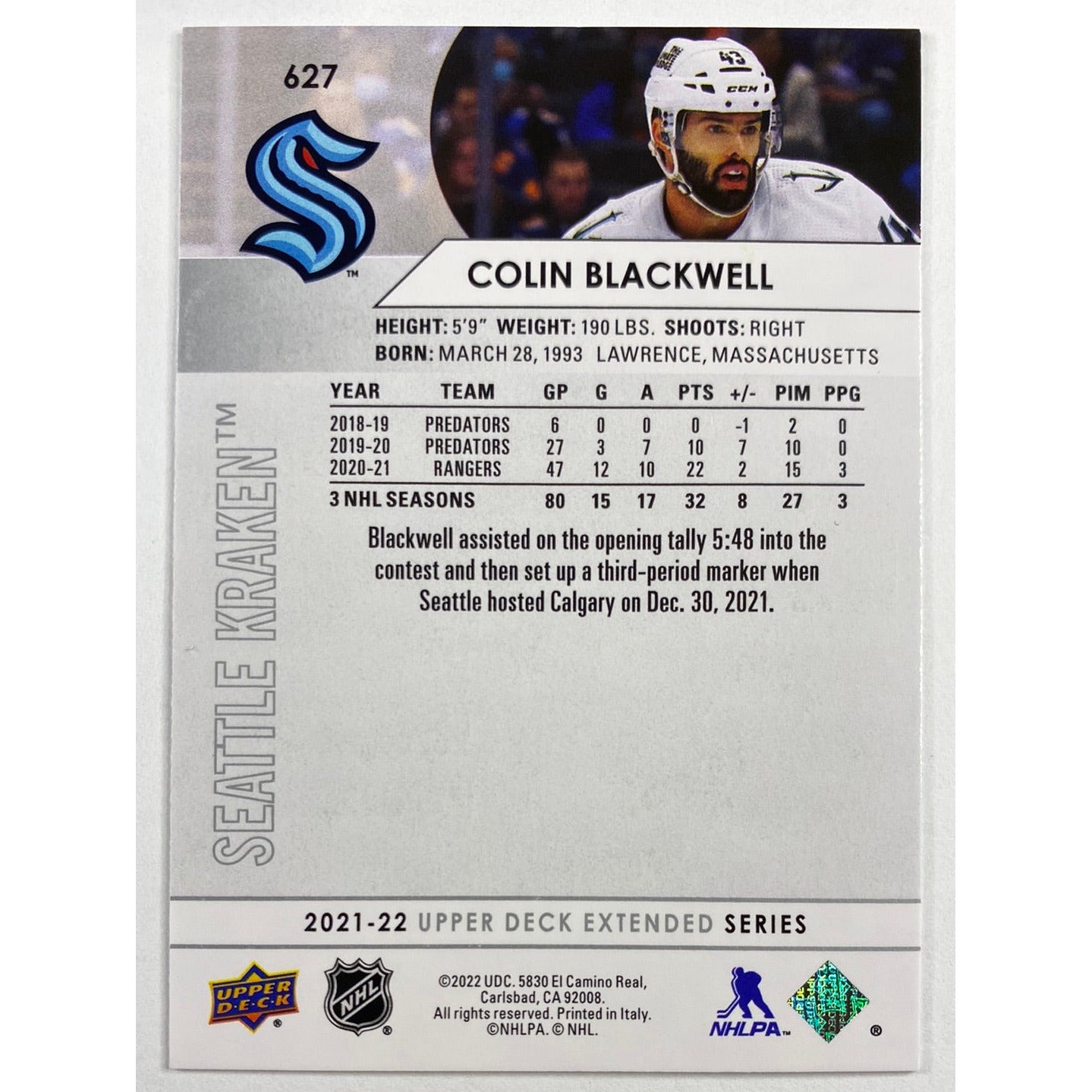 2021-22 Upper Deck Extended Series Colin Blackwell | Local Legends Cards & Collectibles