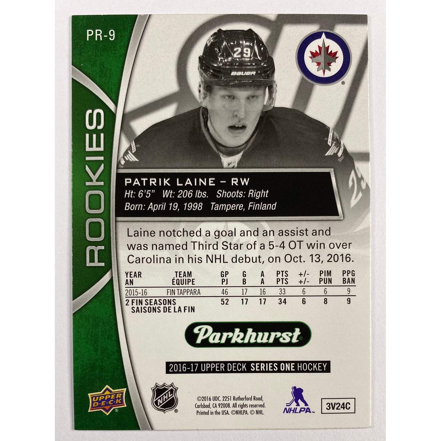 2016-17 Upper Deck Series 1 Patrik Laine Parkhurst Rookies | Local Legends Cards & Collectibles
