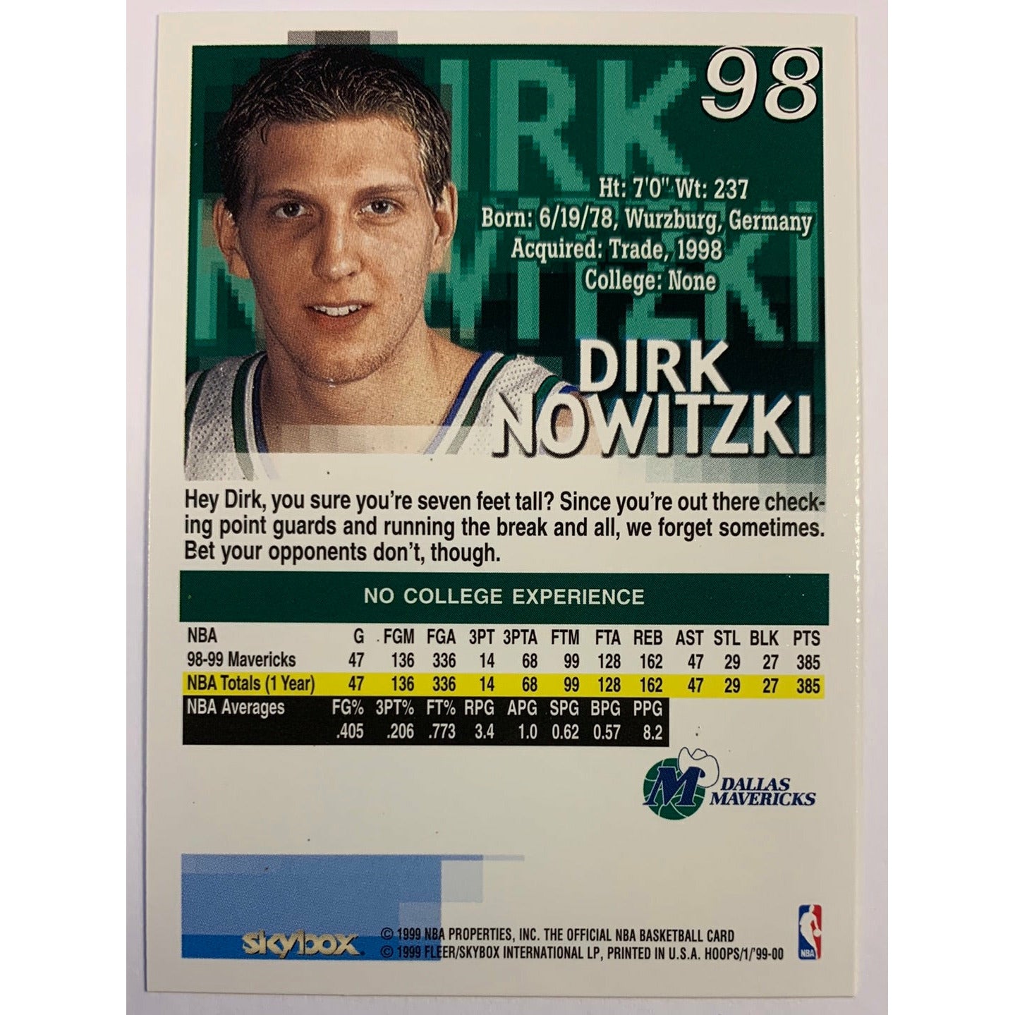 1999-00 Hoops Skybox Dirk Norwitzki Sophomore Sensations