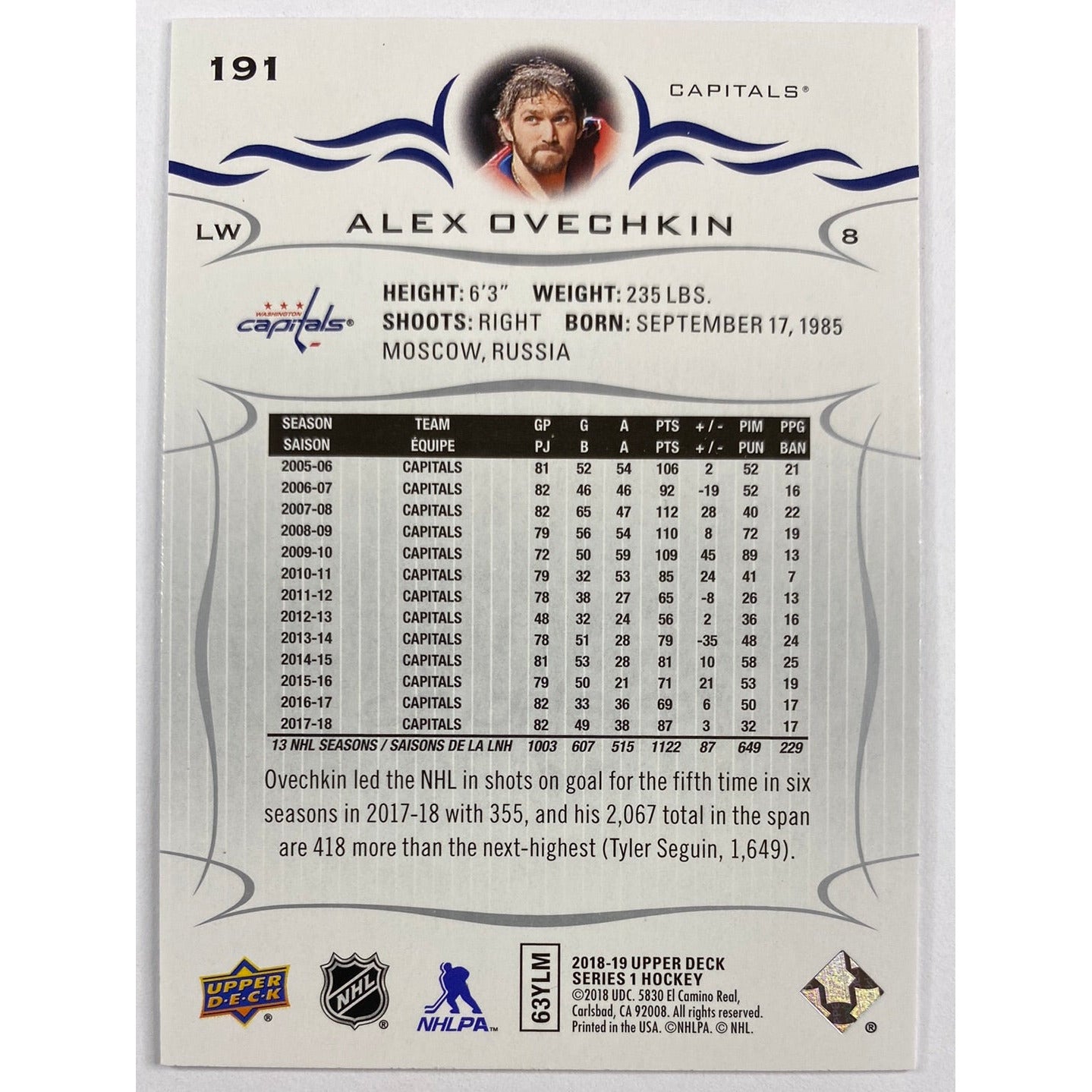 2018-19 Upper Deck Series 1 Alex Ovechkin | Local Legends Cards & Collectibles