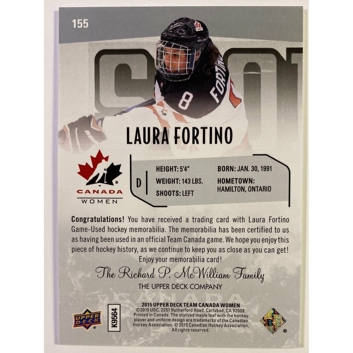 2014-15 Team Canada Women Laura Fortino Team Canada Patch
