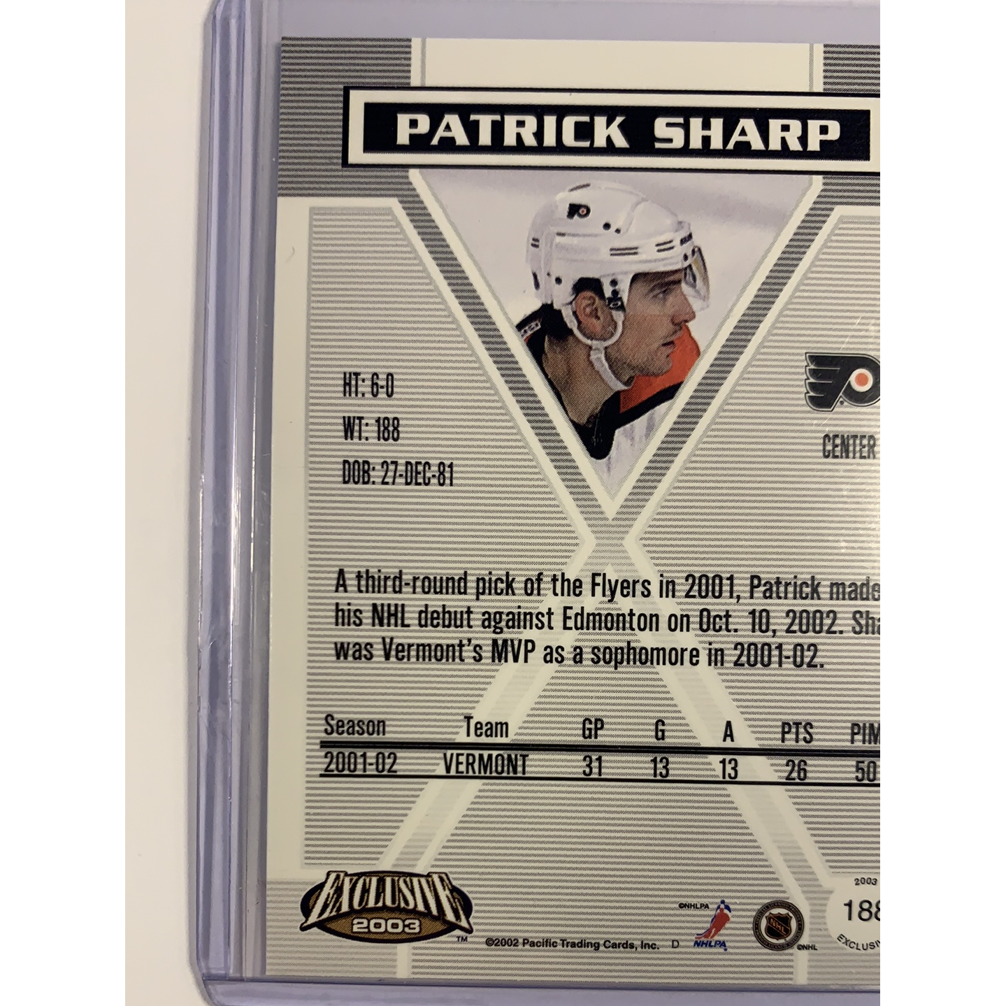 2003 Pacific Exclusive Patrick Sharp Rookie Card | Local Legends Cards & Collectibles