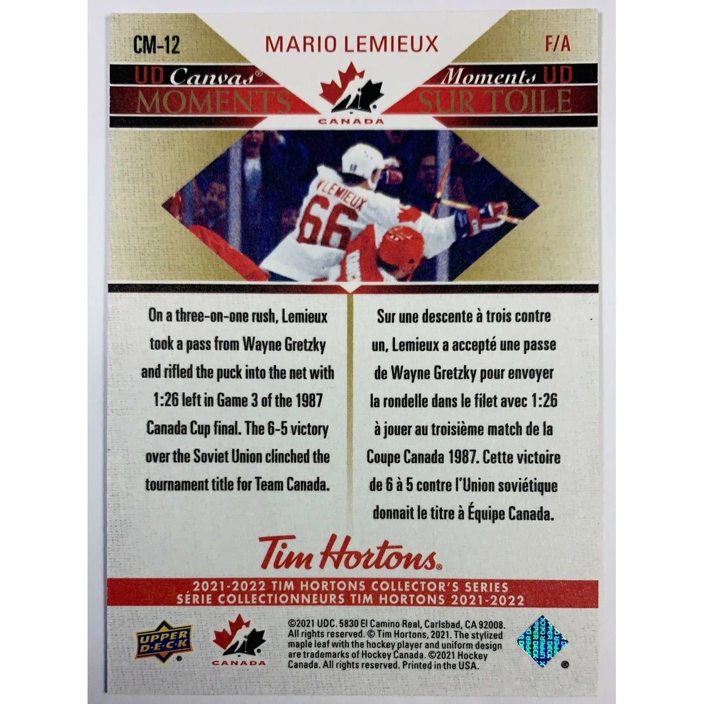 2021-22 Tim Hortons Mario Lemieux Canvas Moments