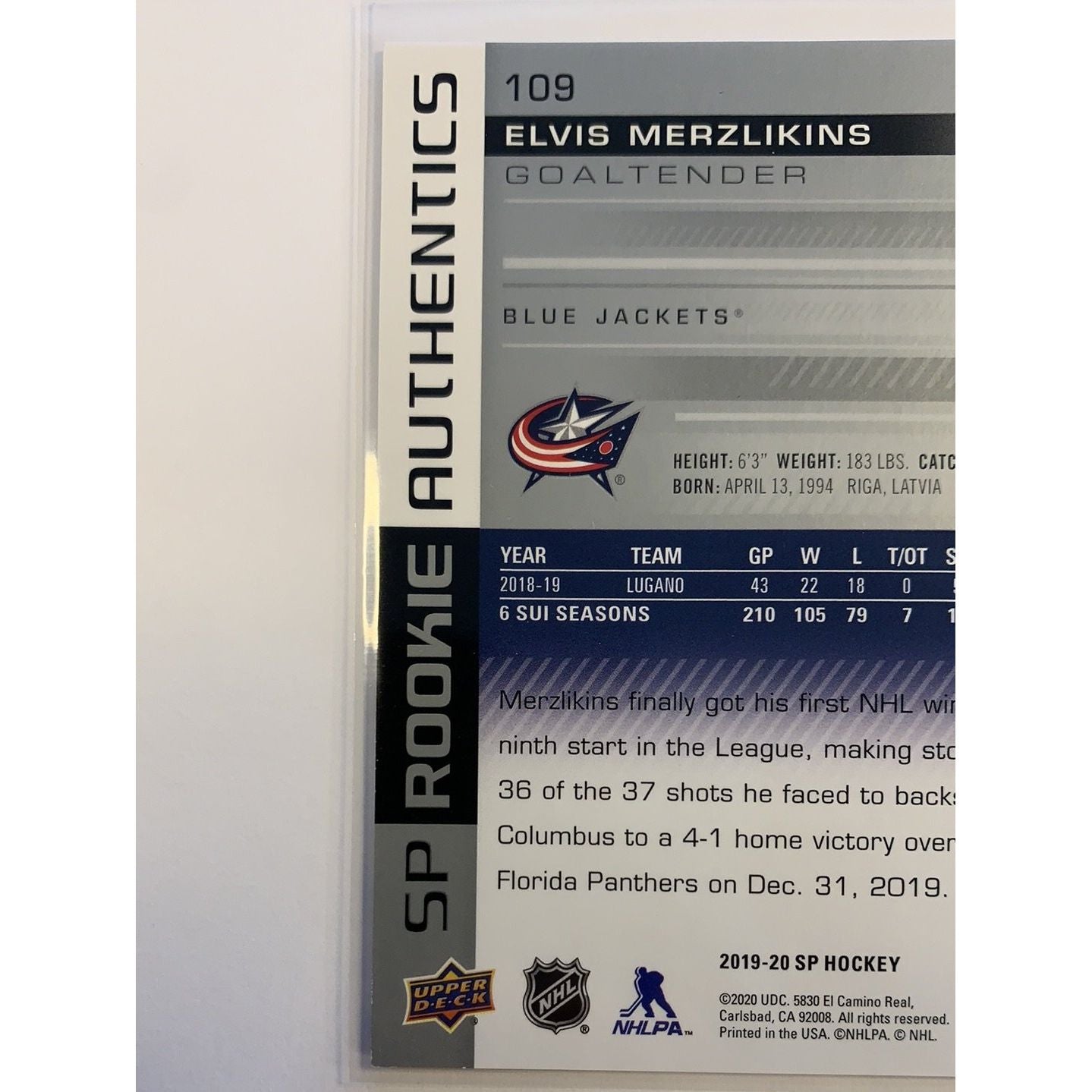 2019-20 SP Elvis Merzlikins Rookie Authentics /1199 | Local Legends Cards & Collectibles