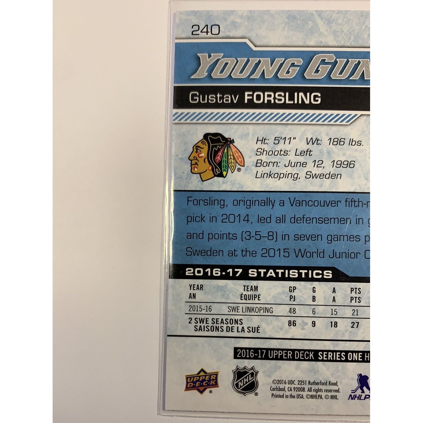 2016-17 Upper Deck Series 1 Gustav Forsling Young Guns | Local Legends Cards & Collectibles