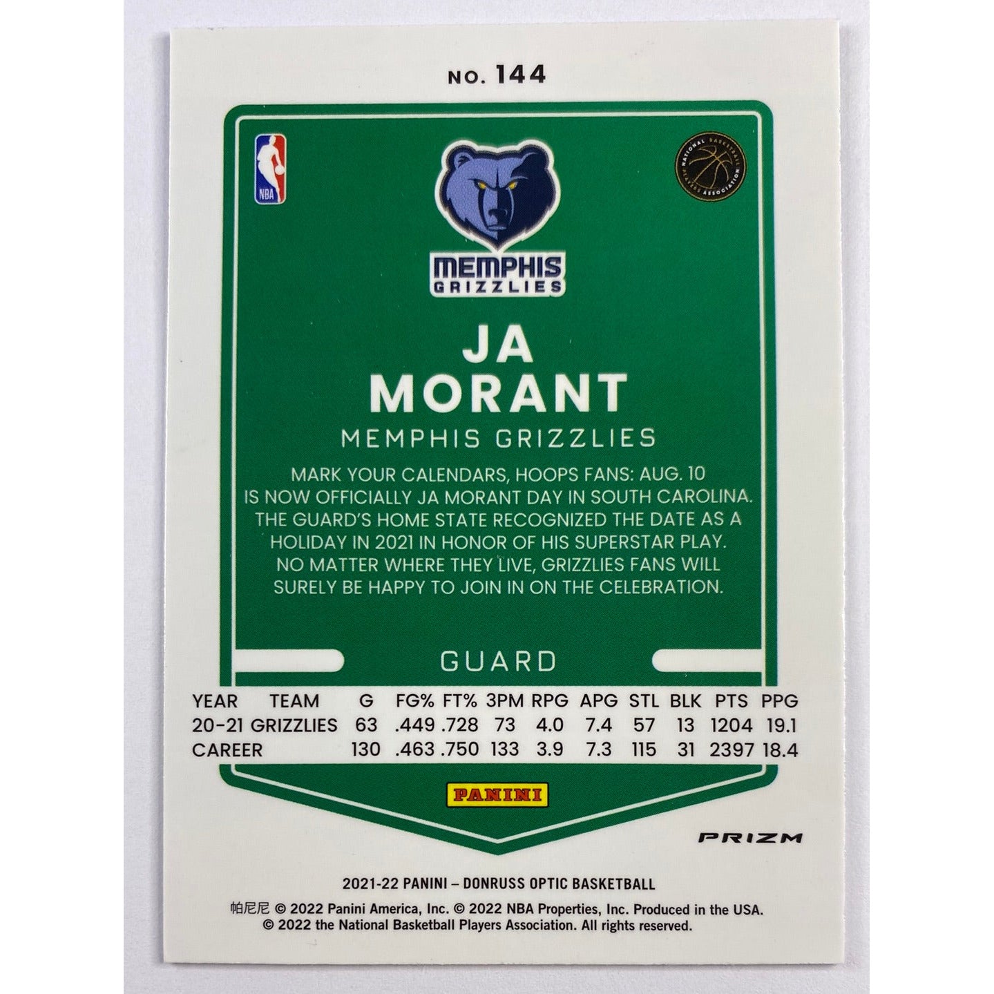 2021-22 Donruss Optic Ja Morant Purple Holo Prizm | Local Legends Cards & Collectibles