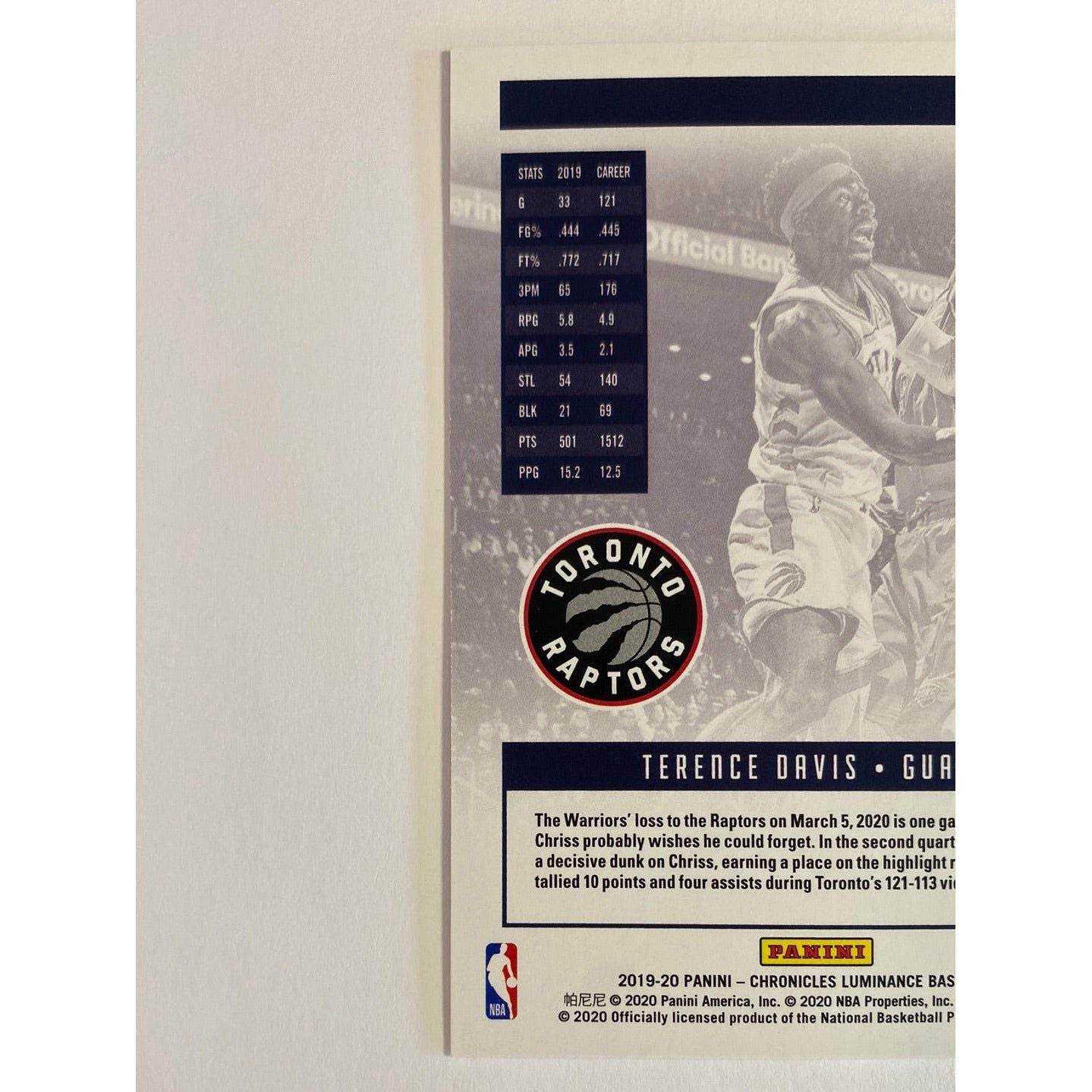 2019-20 Chronicles Luminance Terence Davis RC | Local Legends Cards & Collectibles