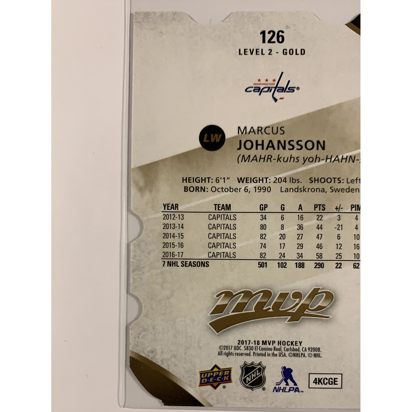 2017-18 MVP Marcus Johansson Level 2 Gold Engraved Auto | Local Legends Cards & Collectibles