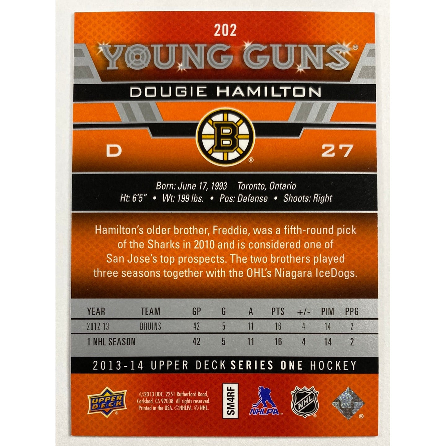 2013-14 Upper Deck Series 1 Dougie Hamilton Young Guns | Local Legends Cards & Collectibles