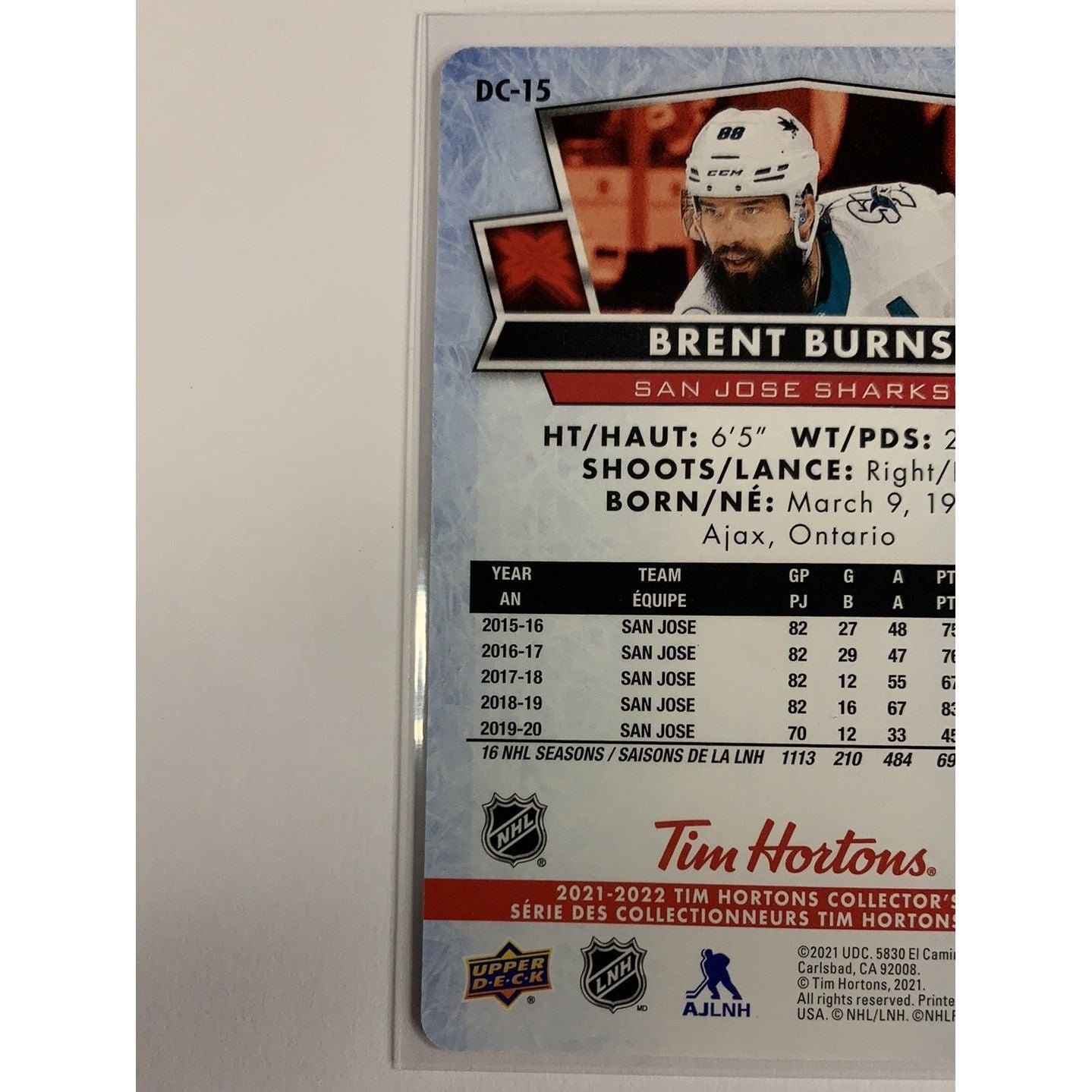 2021-22 Tim Hortons Red Die Cut Brent Burns | Local Legends Cards & Collectibles