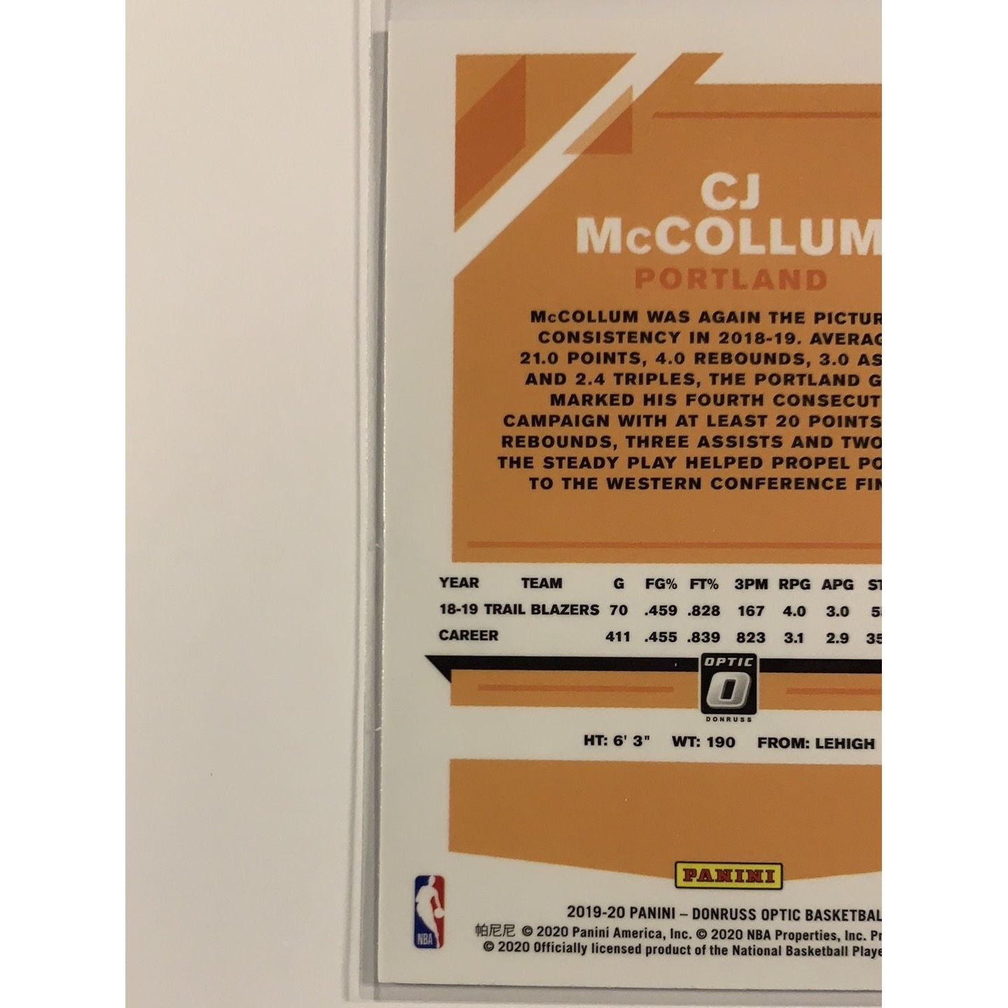 2019-20 Donruss Optic Cj McCollum Silver Holo Refractor | Local Legends Cards & Collectibles
