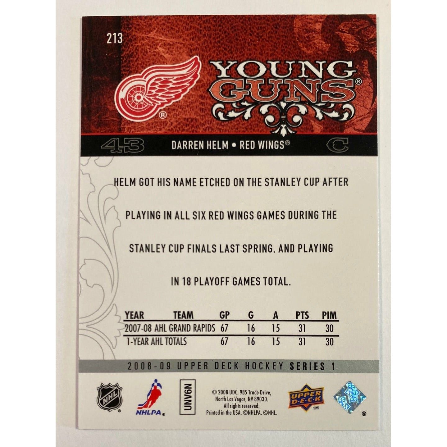 2008-09 Upper Deck Series 1 Darren Helm Young Guns | Local Legends Cards & Collectibles