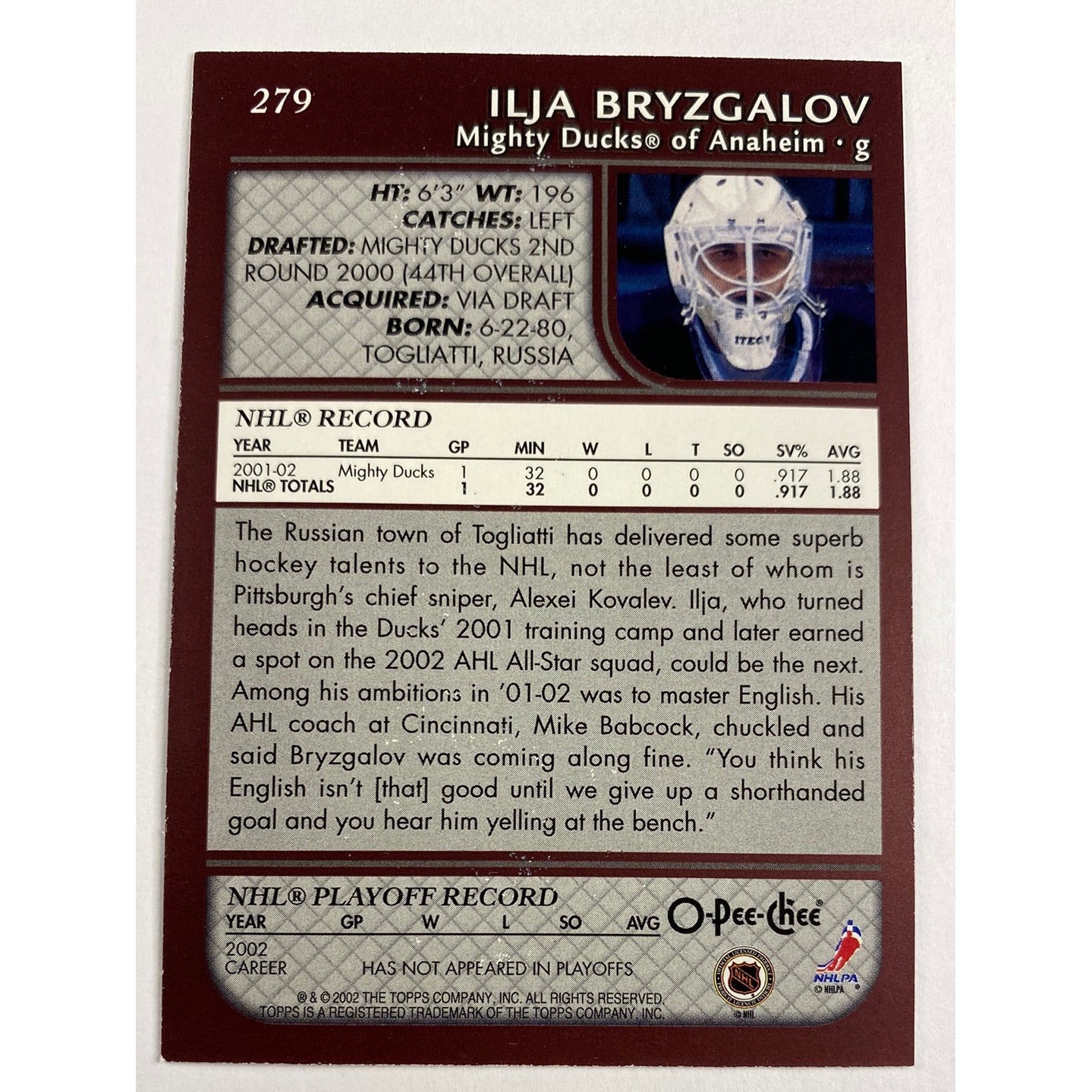 2002 O-Pee-Chee Ilya Bryzgalov Prospects