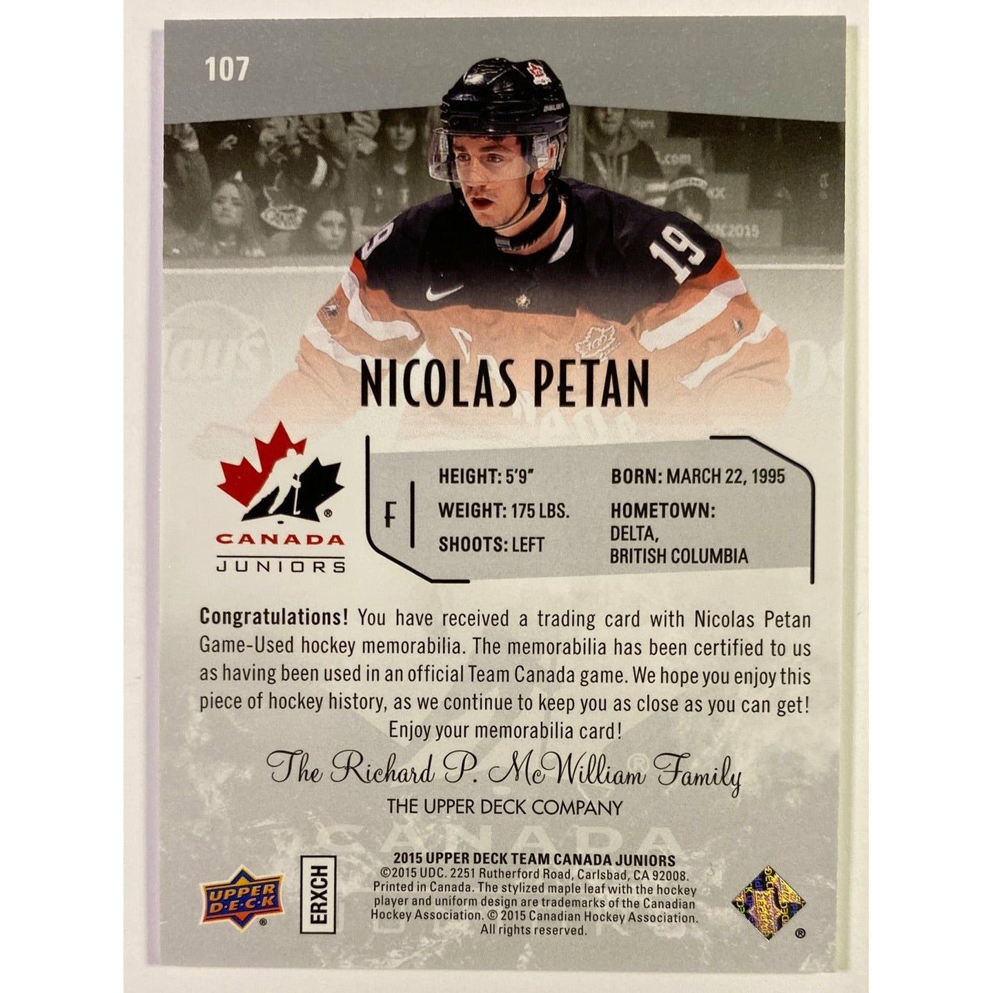 2014-15 Team Canada Juniors Nicholas Petan Canada Juniors Patch