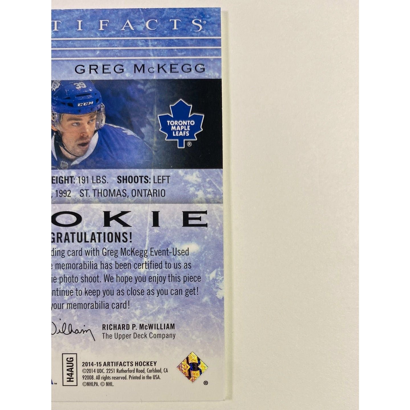 2014-15 Artifacts Greg Mckegg Rookie Jersey Patch /399